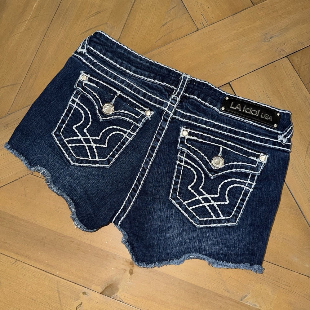 L.A. Idol USA Denim Shorts Womens L Dark Wash Frayed Cutoff Y2K Stretch Jeans